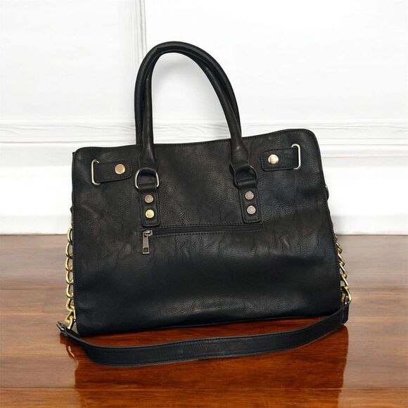 Black Leather Brass Studded Chain and Leather Handles Purse Satchel Tote - Picture 2 of 9